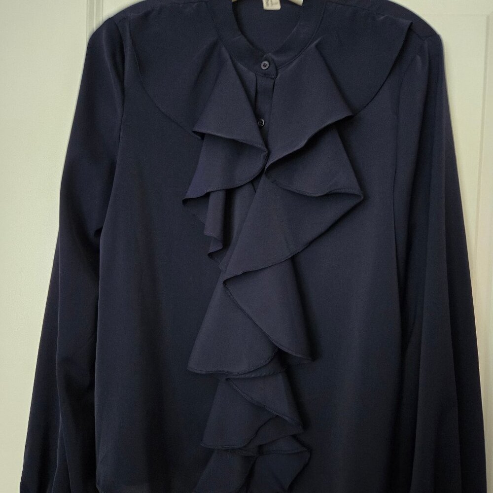 Navy Blue Ruffle Front Poets Blouse - Picture 4 of 5
